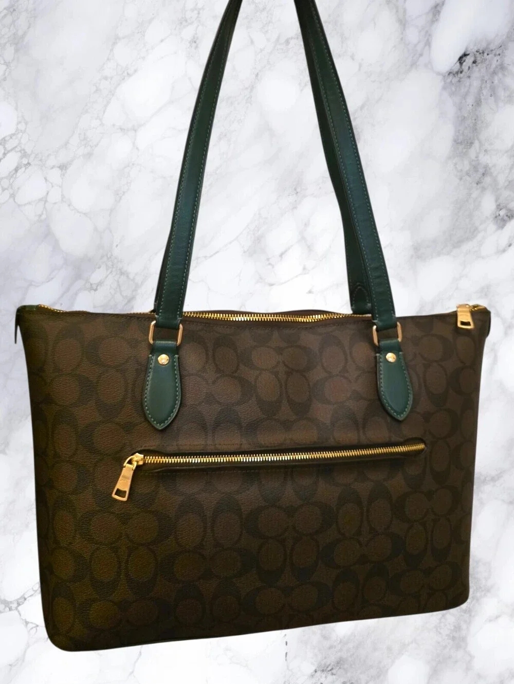 Coach CH504 Signature C Pine Green Leather Large Tote Bag Brown Gold HTF